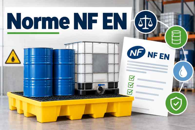 Norme NF EN pour bac de rétention : conformité, étanchéité et résistance des équipements de stockage de produits chimiques.
