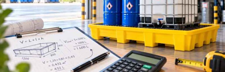 Calcul du volume de rétention obligatoire avec bac de rétention, contenants industriels et schéma de dimensionnement.