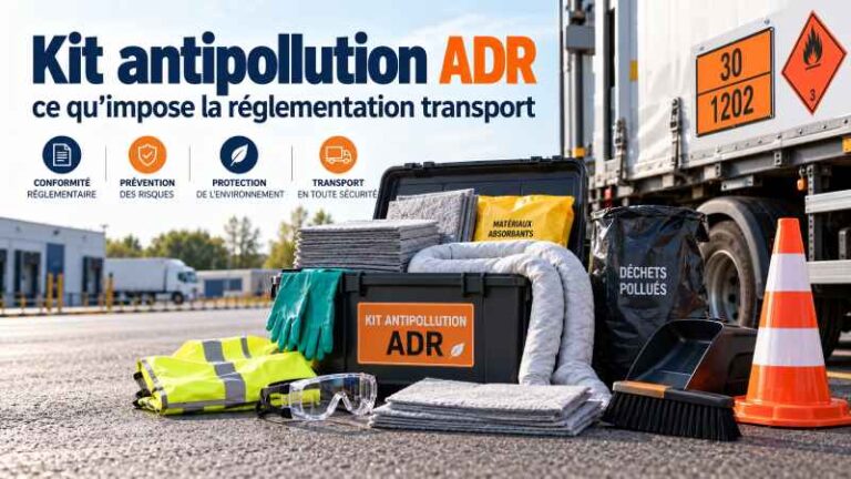 Kit antipollution ADR avec absorbants, équipements de protection et matériel de sécurité devant un camion de transport de matières dangereuses.