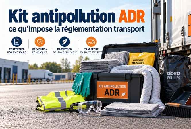Kit antipollution ADR avec absorbants, équipements de protection et matériel de sécurité devant un camion de transport de matières dangereuses.